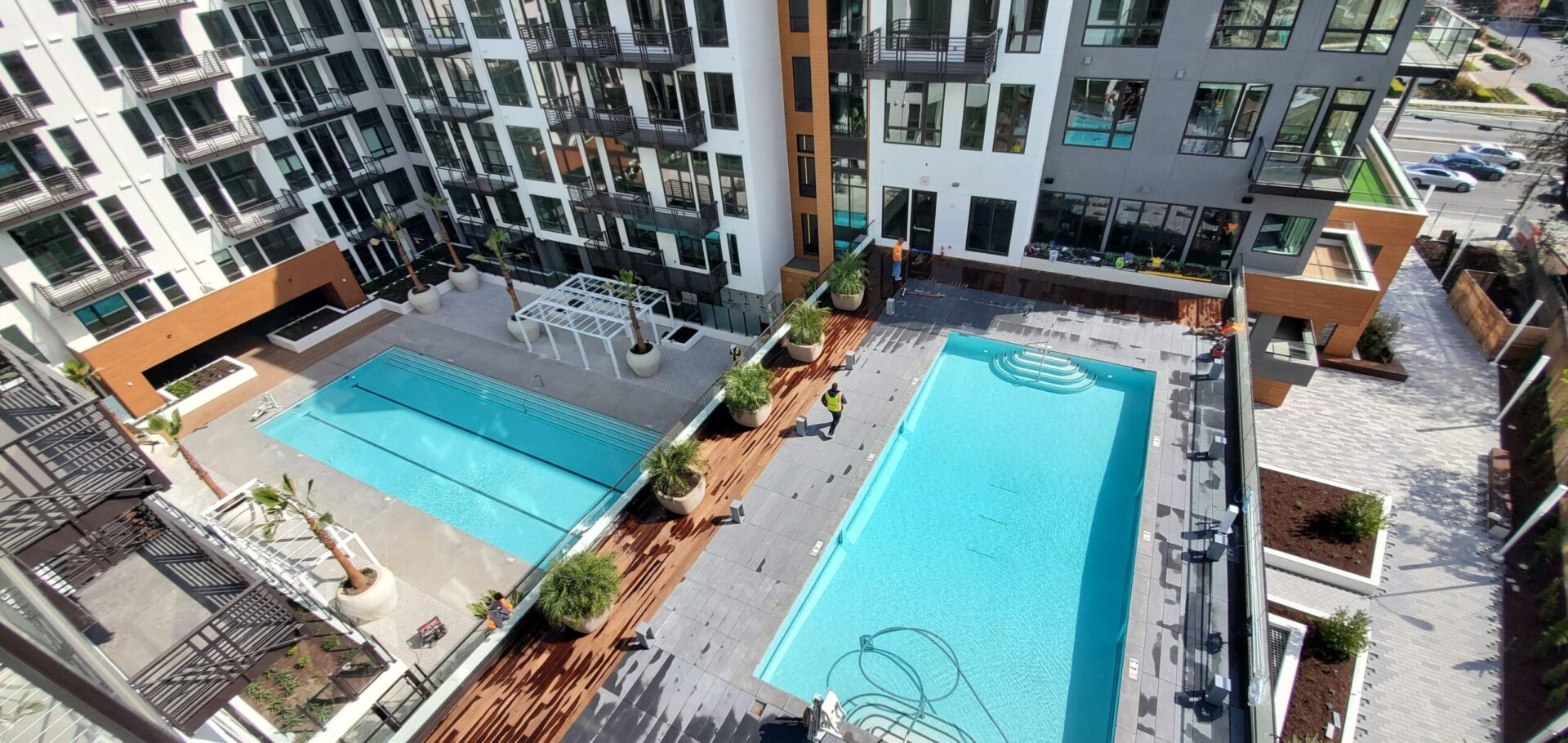 A view of an outdoor pool from above.