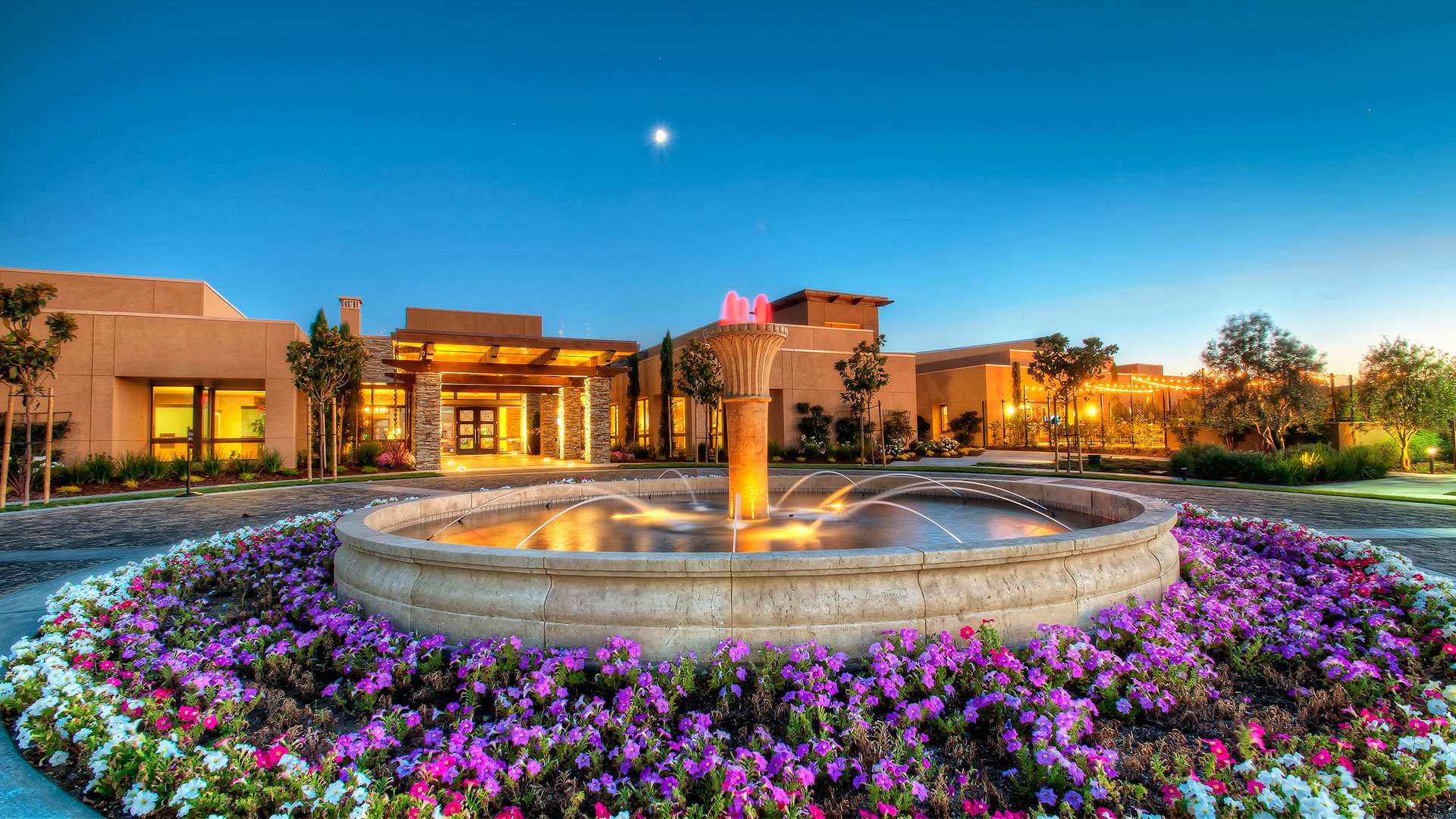 A fountain surrounded by flowers in front of a building.